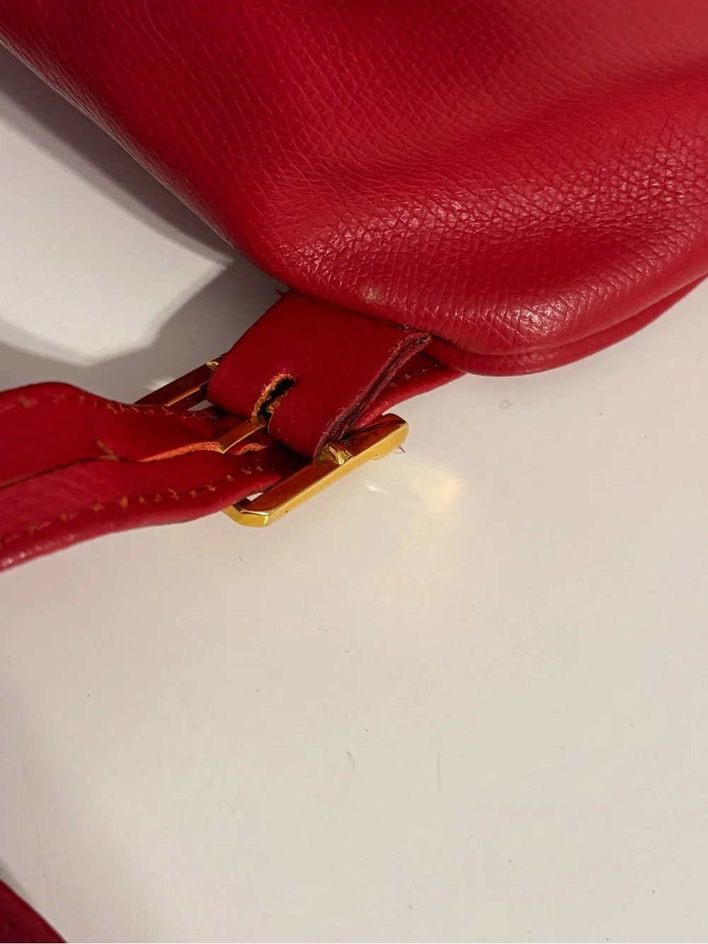 Vintage MCM München Red Leather Small Backpack Drawstring Flap Gold Hardware